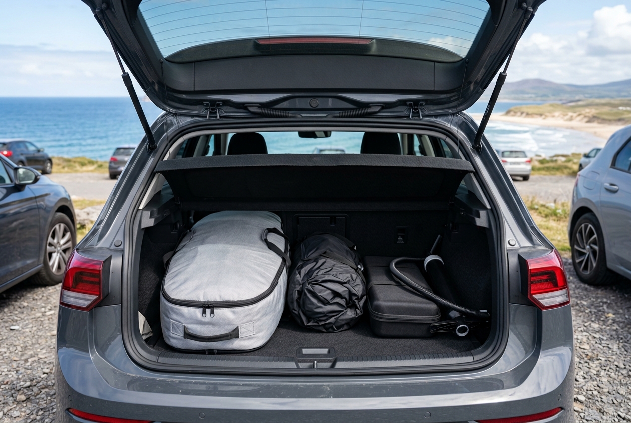 Complete wing foil kit packed into a car boot with board bag, rolled deflated wing, hydrofoil case and pump