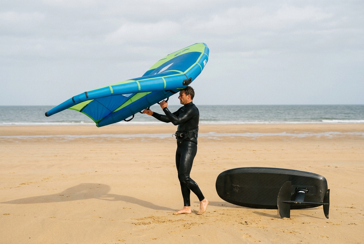 Windsurfer in a wetsuit practising wing handling on the beach with an inflatable wing next to a wing foil board
