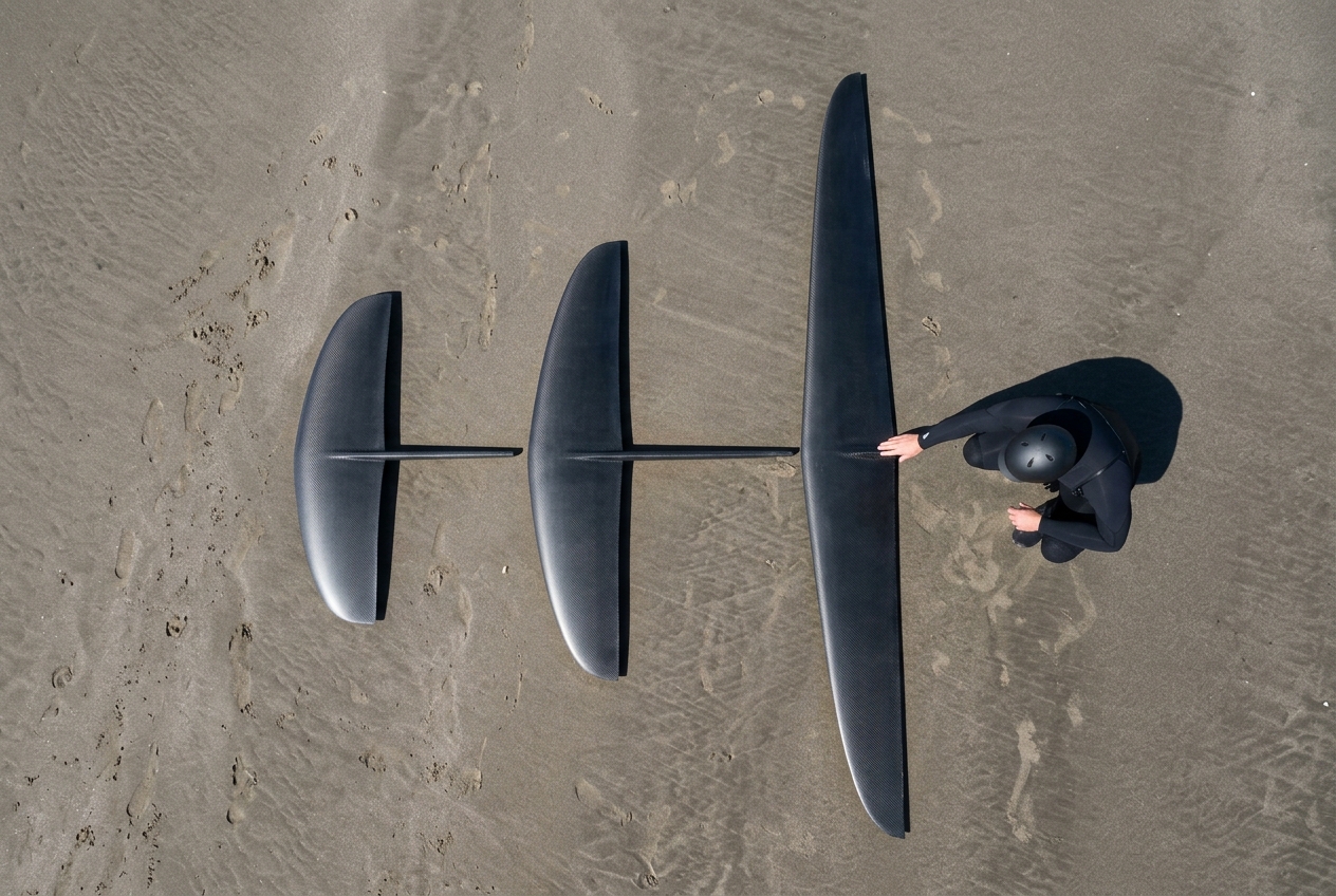 Three wing foil front wings of increasing wingspan laid side by side on wet sand, with a wing foiler crouched beside the largest for scale