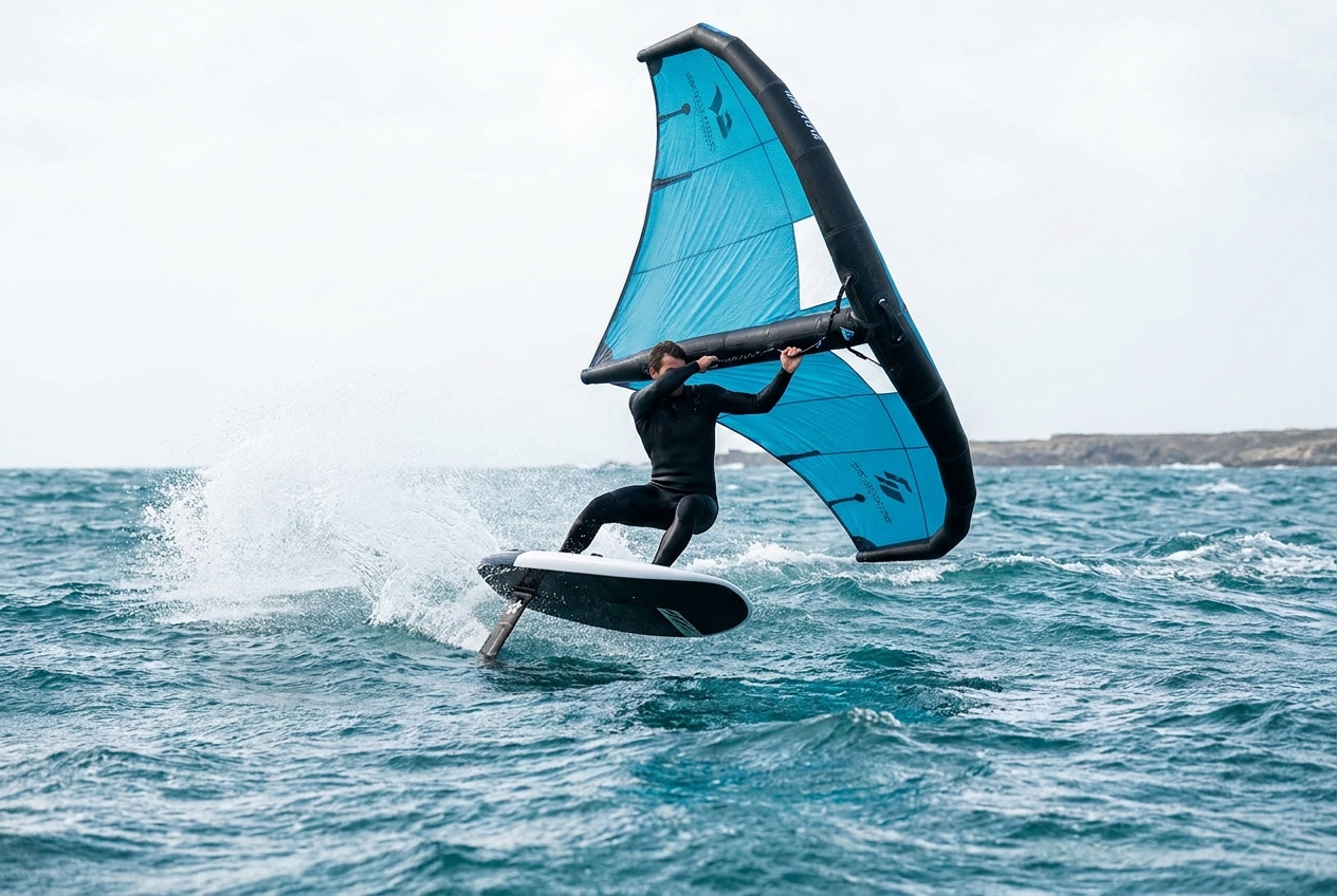 A wing foiler carving a hard turn on choppy water, board banked on its rail with the hydrofoil mast still in the water and spray fanning off the turn