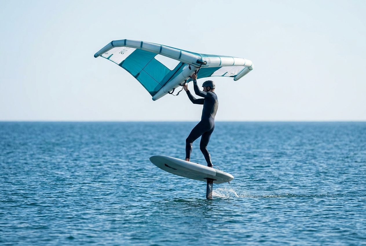 Wing foiler with the wing floating neutral at zenith directly overhead during the hand swap in a wing foil tack