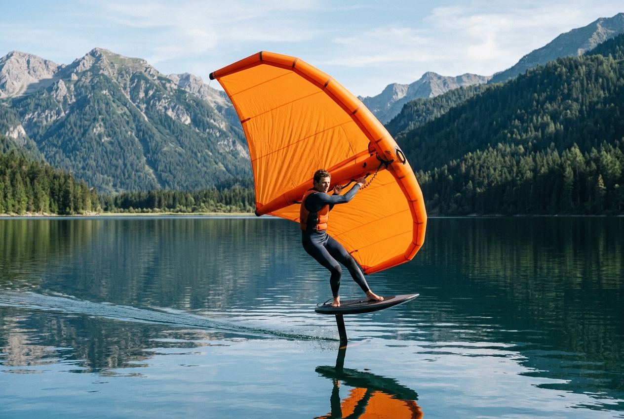 Wing foiler riding a hydrofoil across glassy flat lake water with alpine mountains rising behind the far shore