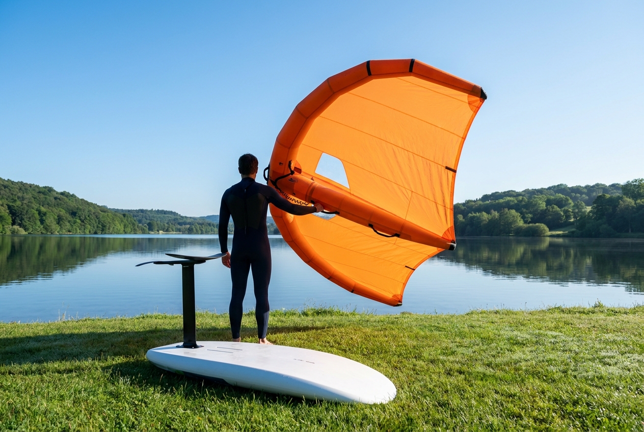 Rider holding a large light-wind inflatable wing beside a high-volume wing foil board and hydrofoil on a grassy lakeside launch