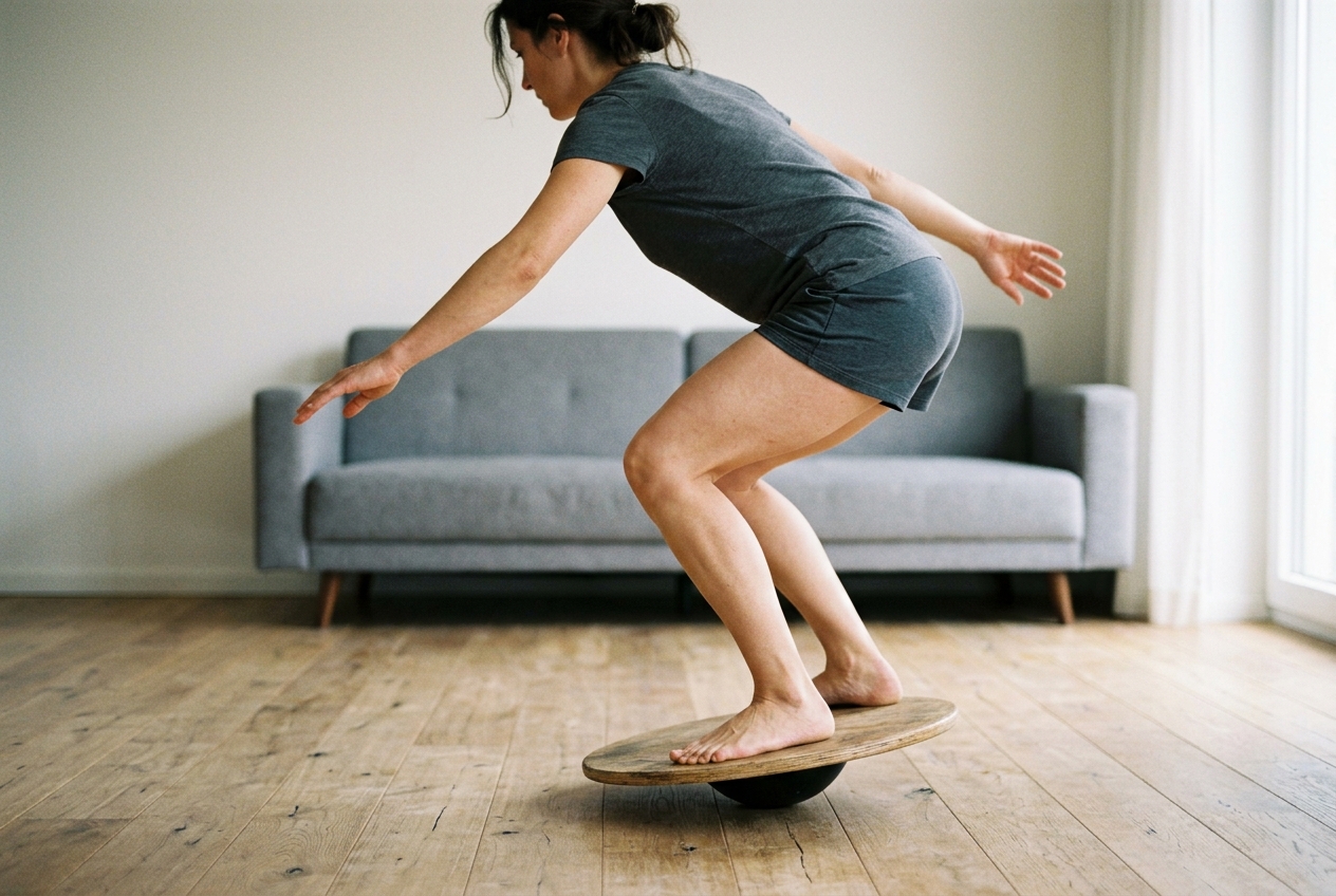 Barefoot rider training on a wooden balance board on a hard floor at home, the board tipped off level mid-wobble
