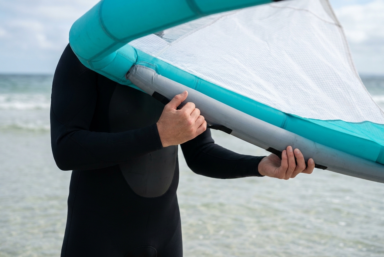 Both hands spaced along the centre strut of an inflatable wing in a loose, unclenched grip that reduces forearm and wrist fatigue