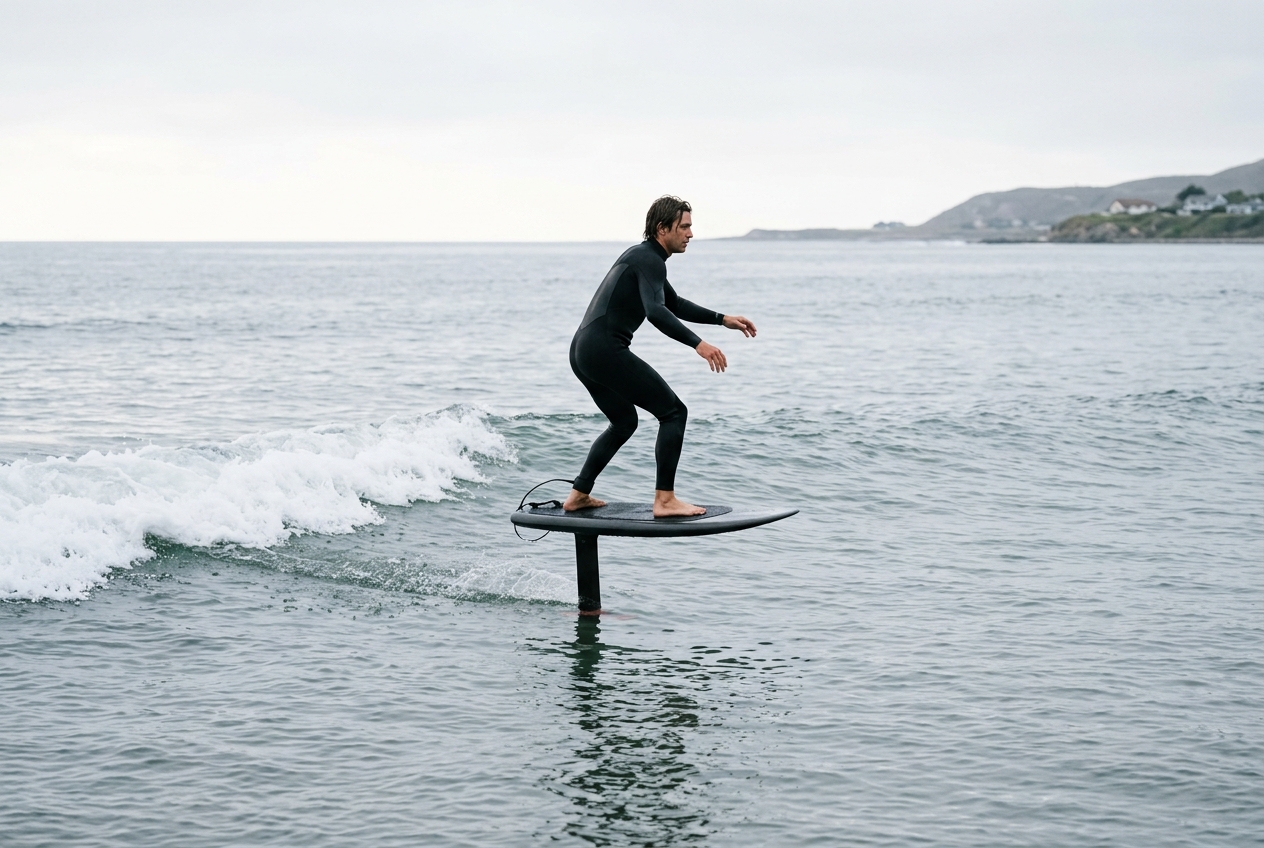 Prone foiler riding a hydrofoil board just ahead of the whitewater on a small crumbling knee-high wave, the size of wave suited to learning prone foiling
