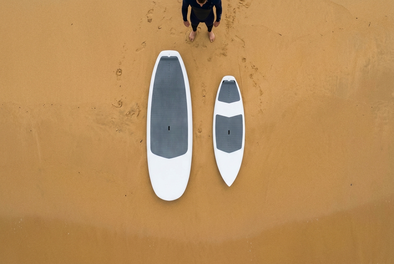 Overhead view on the sand of a large beginner wing foil board next to a shorter, narrower prone surf foil board, showing the difference in board volume