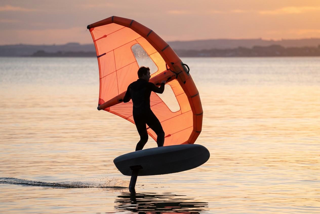 Wing foiler rising onto the foil on glassy water at sunset, holding a large wing in light wind