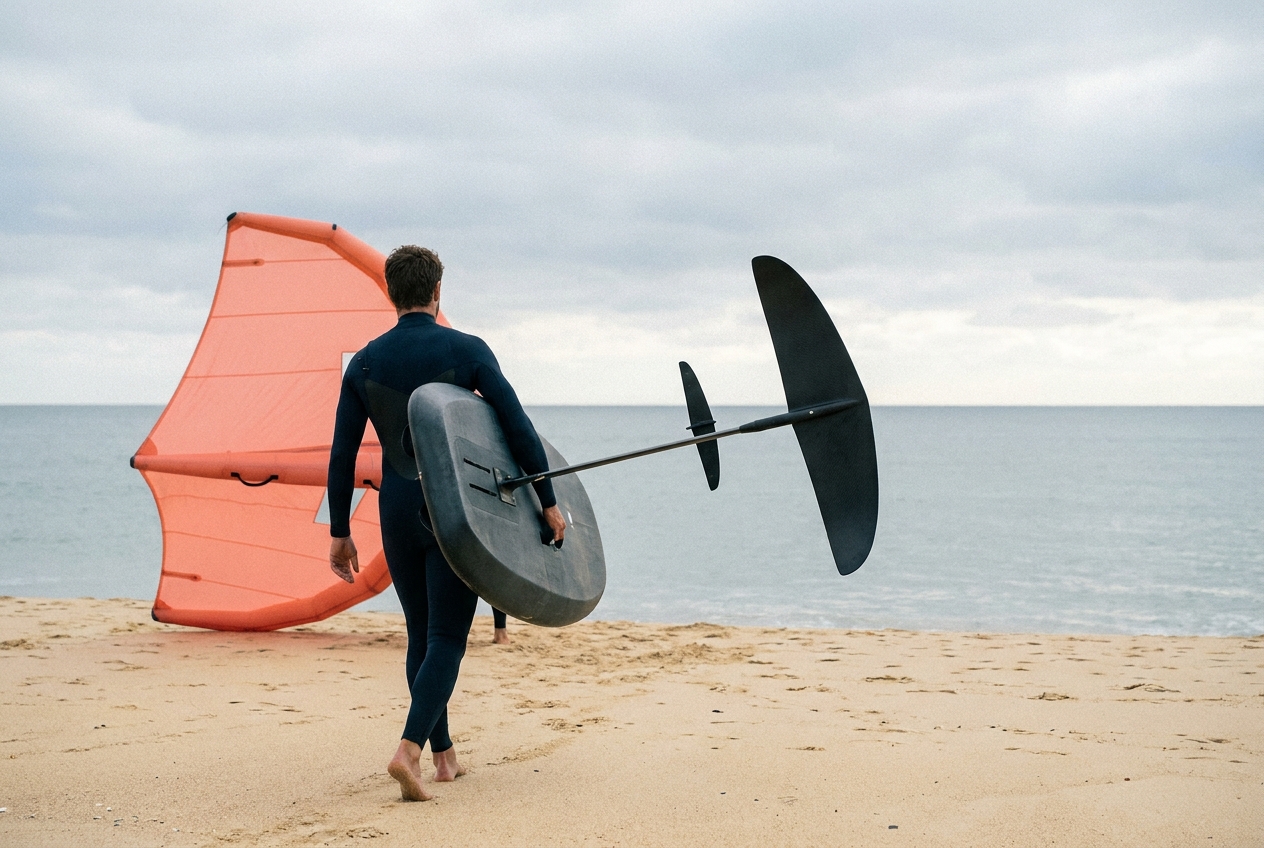 Rider carrying a wing foil board upside down at the beach, showing the large wide-span front wing used for light wind