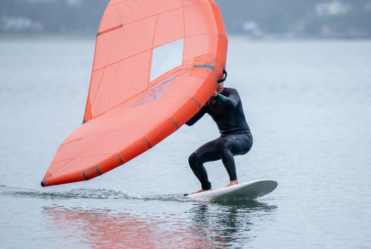 Wing foiler crouched low mid wing-pump with the board still on the water in marginal wind