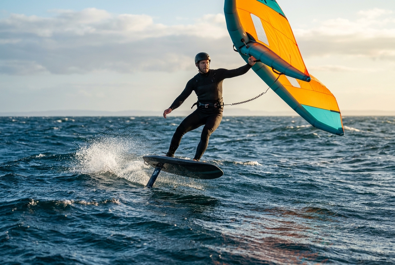 Wing foiler riding one-handed upwind, hooked into a waist harness with a harness line