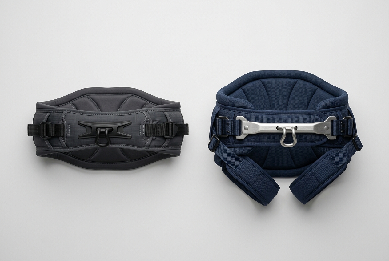 Low-profile wing foil waist harness compared with a windsurf-style seat harness