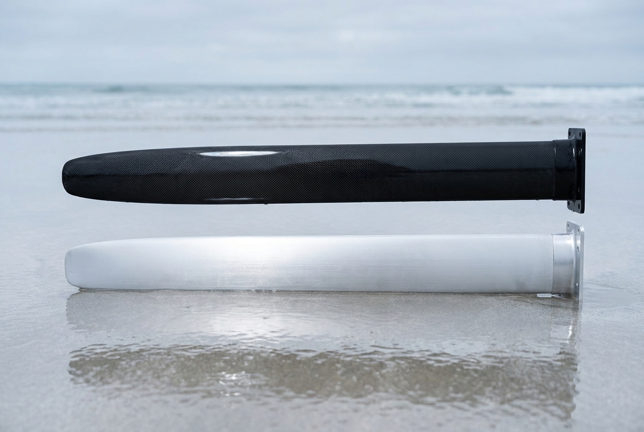 A glossy carbon fibre foil mast and a brushed aluminium foil mast lying side by side on wet sand, showing the difference in profile thickness