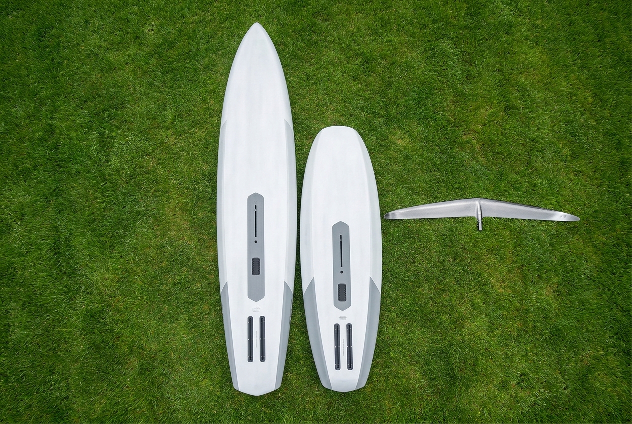 A long narrow downwind foil board laid beside a shorter, wider wing foil board on grass, with a high aspect front wing alongside showing the size contrast