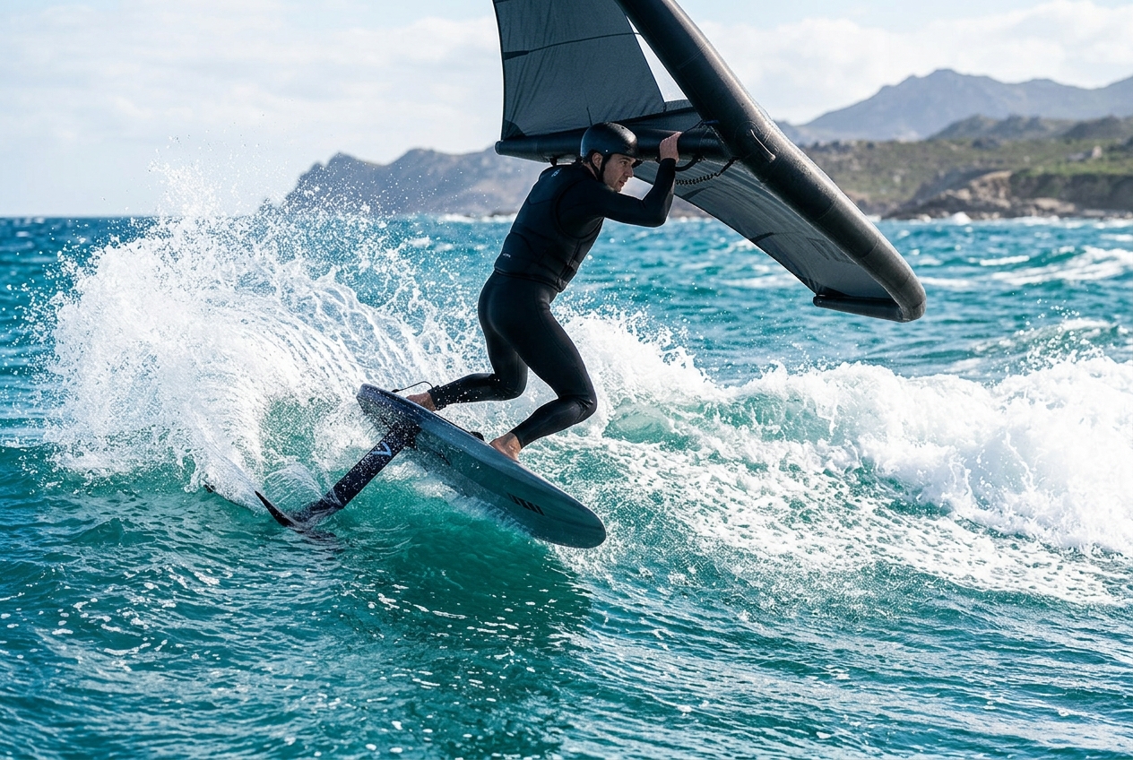 Wing foiler carving hard at speed on a hydrofoil, mast loaded up under the turn with spray coming off the board