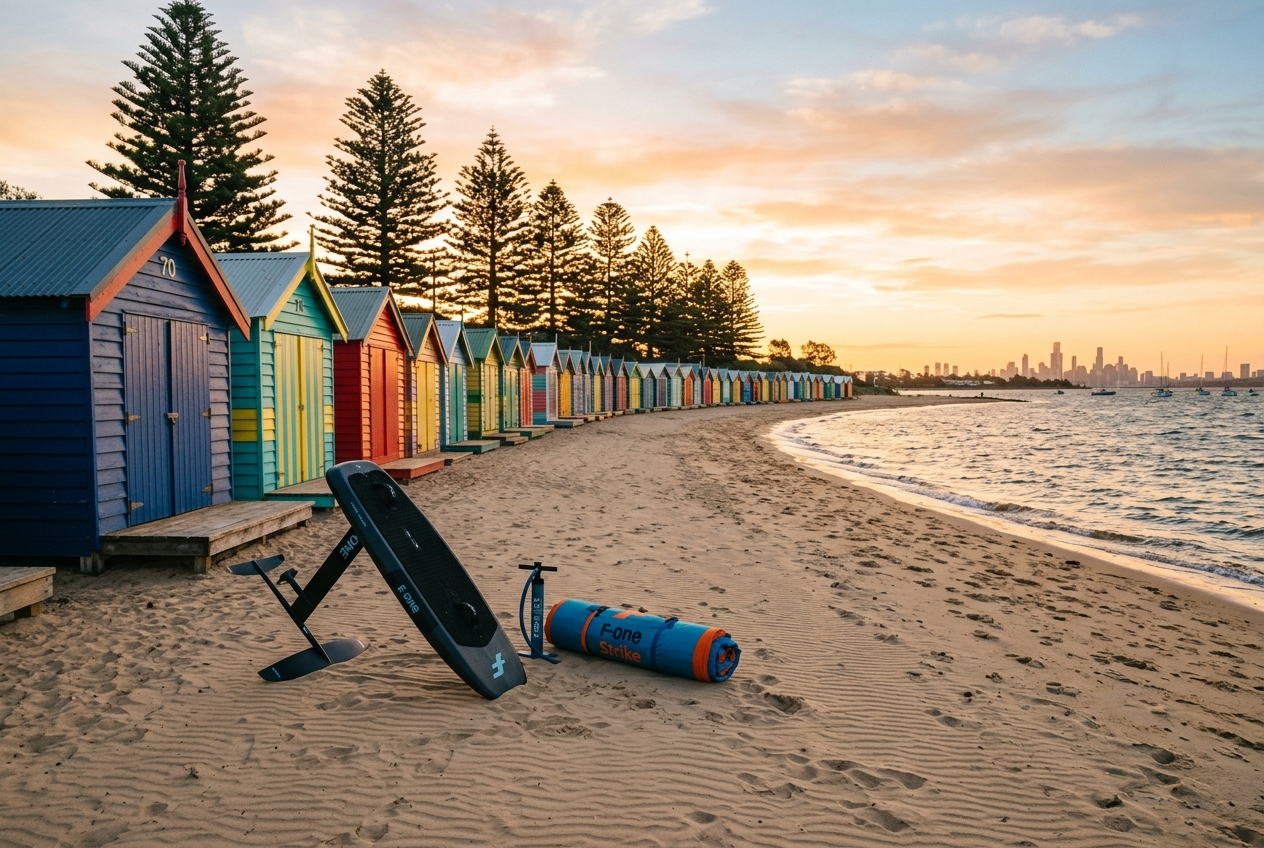 Colourful Victorian-era bathing boxes and Norfolk pines on the Melbourne bayside foreshore at sunset with a wing foil board resting against one