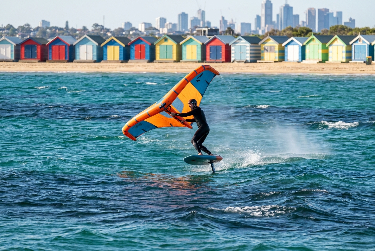 Wing foiler riding wind-rippled water on Port Phillip Bay past Melbourne's colourful beach boxes
