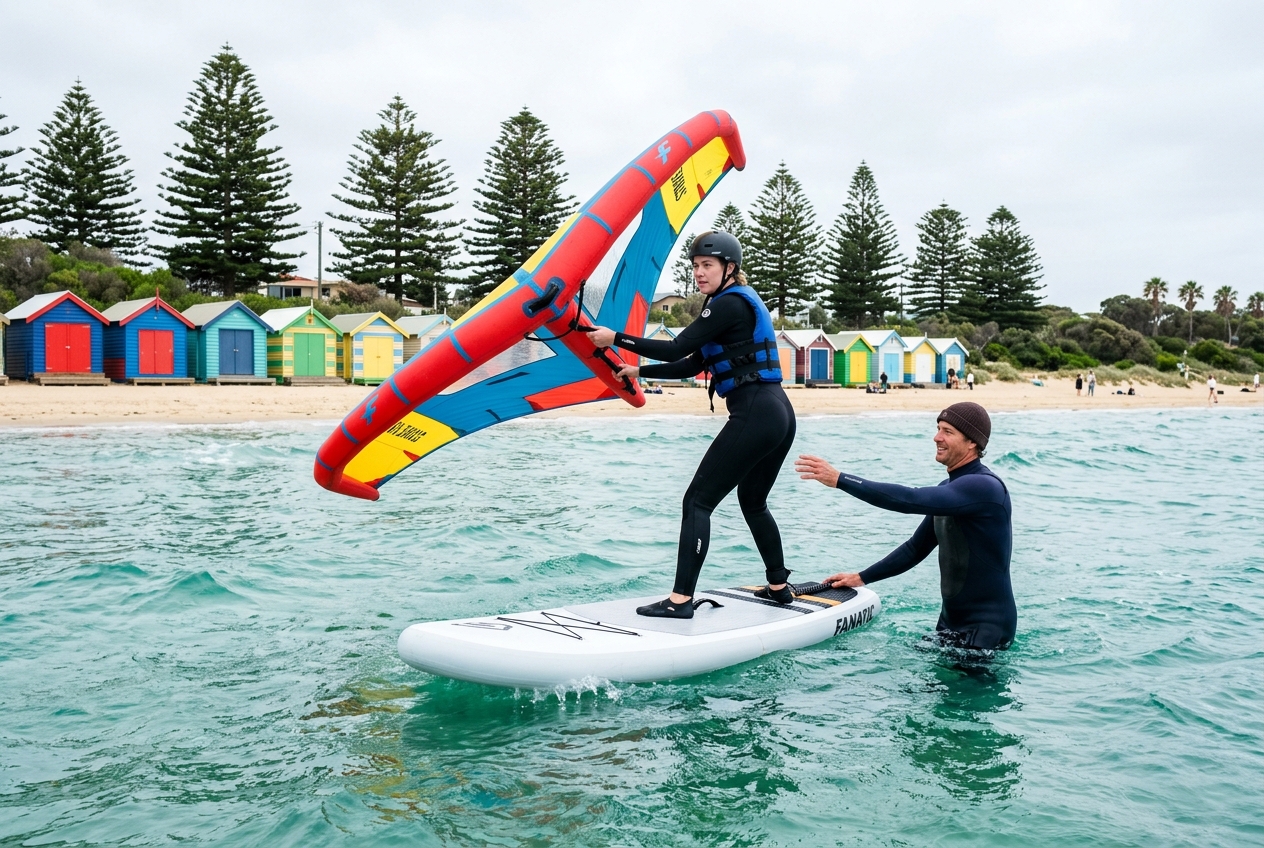 Instructor teaching a beginner wing foiler in shallow water on a Melbourne bayside beach