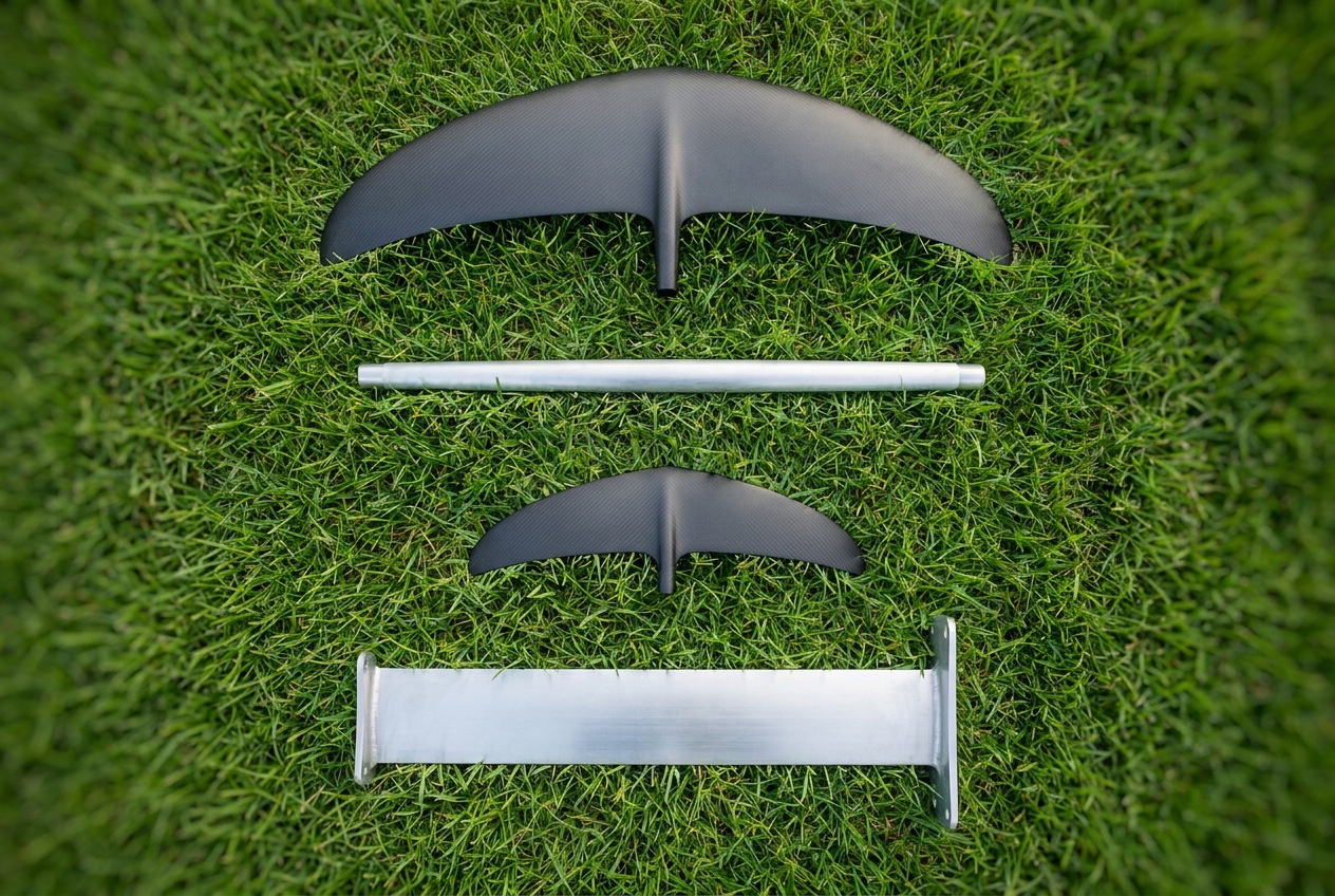 Complete wing foil hydrofoil assembly: front wing, fuselage, stabiliser and mast laid out on grass