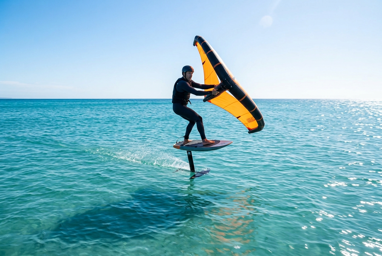 Wing foiler riding with the hydrofoil fully clear of the water and spray trailing off the mast