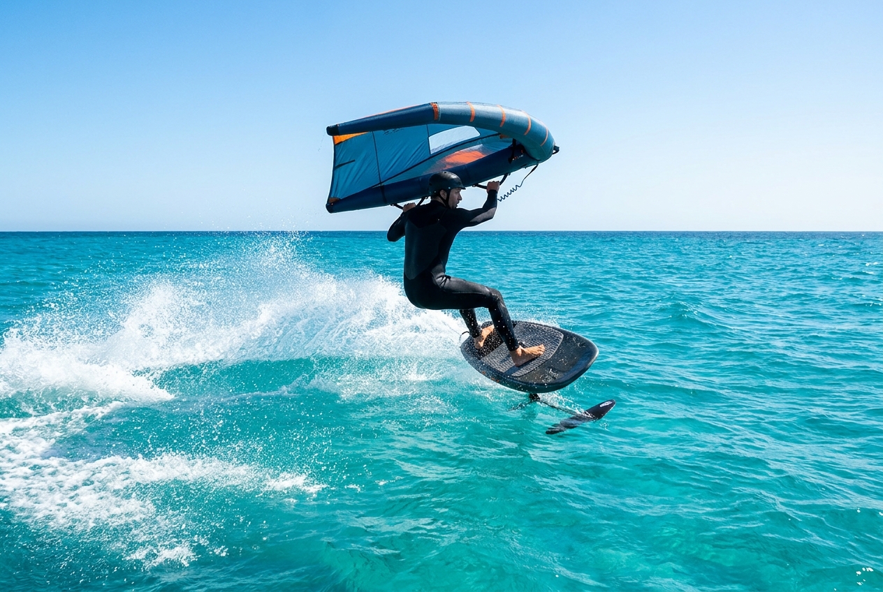 Wing foiler carving a downwind jibe with the wing held neutral overhead, spray trailing off the foil board on turquoise water
