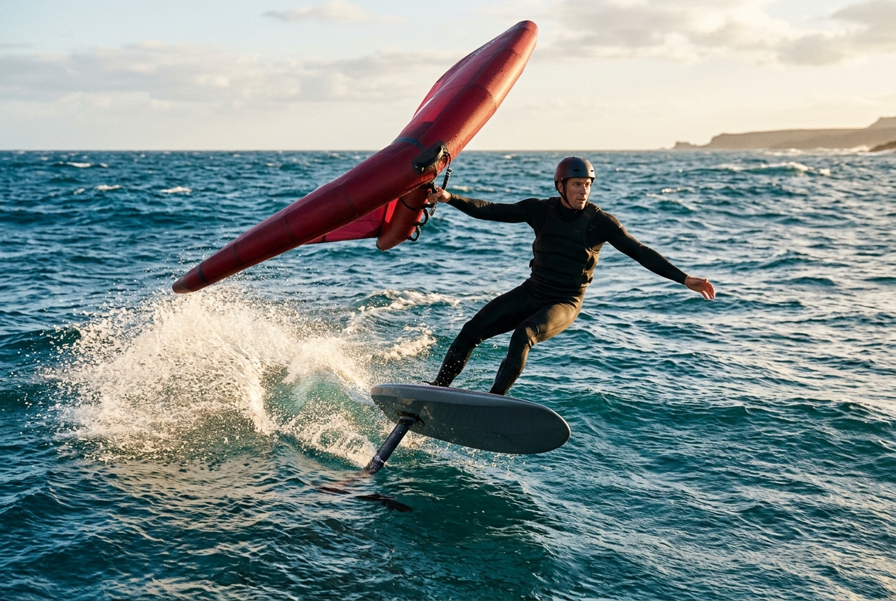 Wing foiler raising the wing overhead while carving a stylish downwind jibe in golden afternoon light