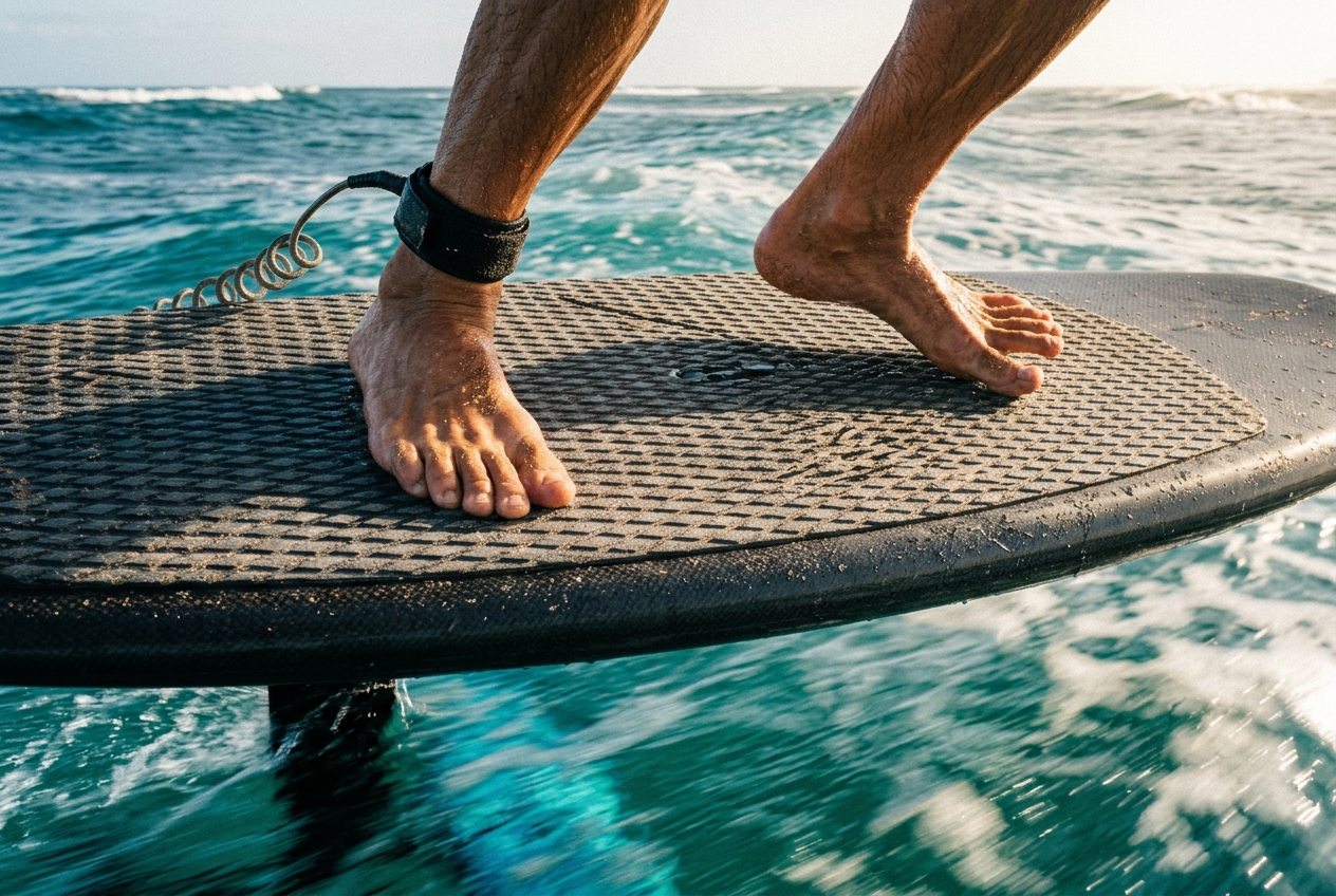 Close-up of a rider switching feet on a wing foil board deck pad mid jibe, water blurred beneath the foiling board