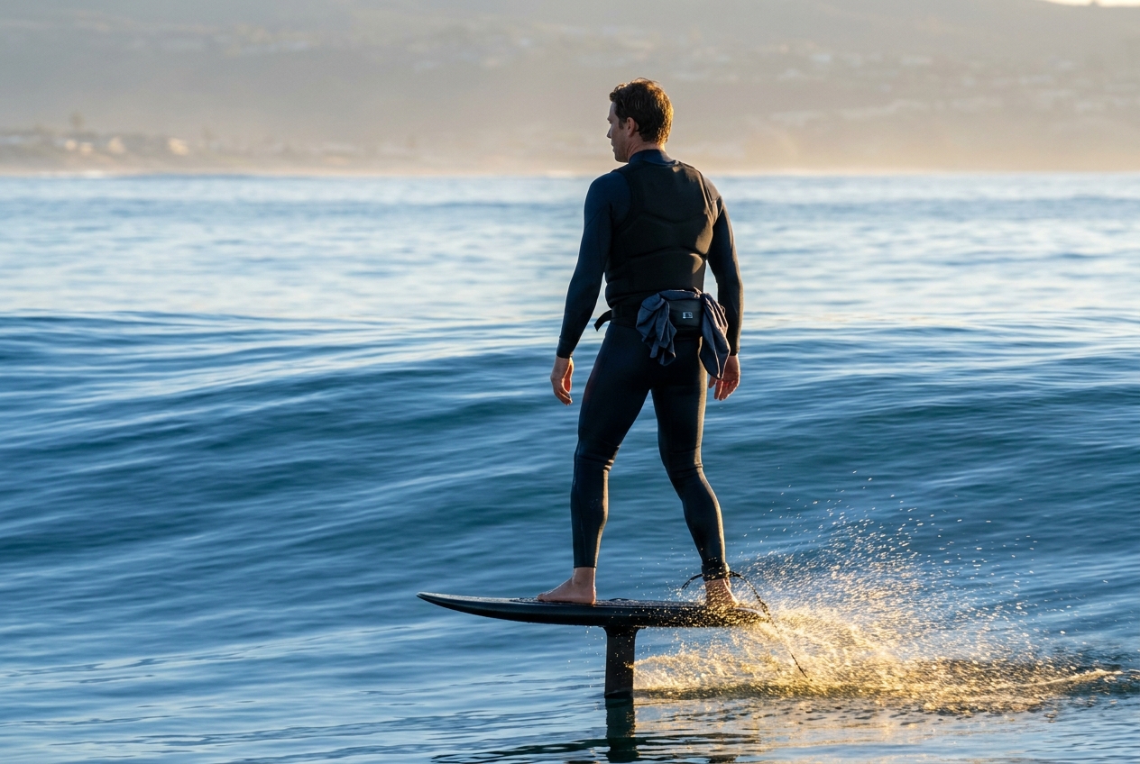 Wing foiler riding hands-free on a hydrofoil board down an ocean swell with a parawing packed into a waist pouch