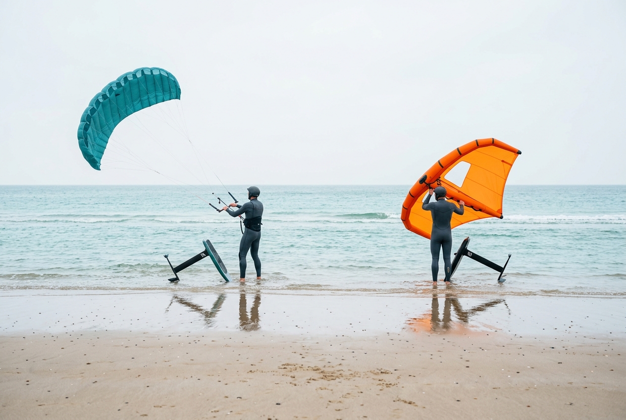 A soft parawing canopy flying on short lines next to a rider holding an inflatable wing with an inflated leading edge, same beach and wind conditions