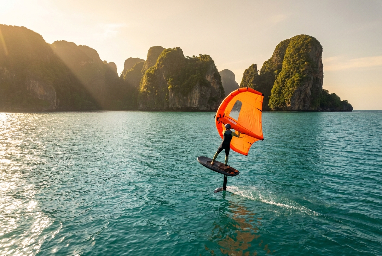 Wing foiler riding turquoise water past limestone karst islands in Southeast Asia