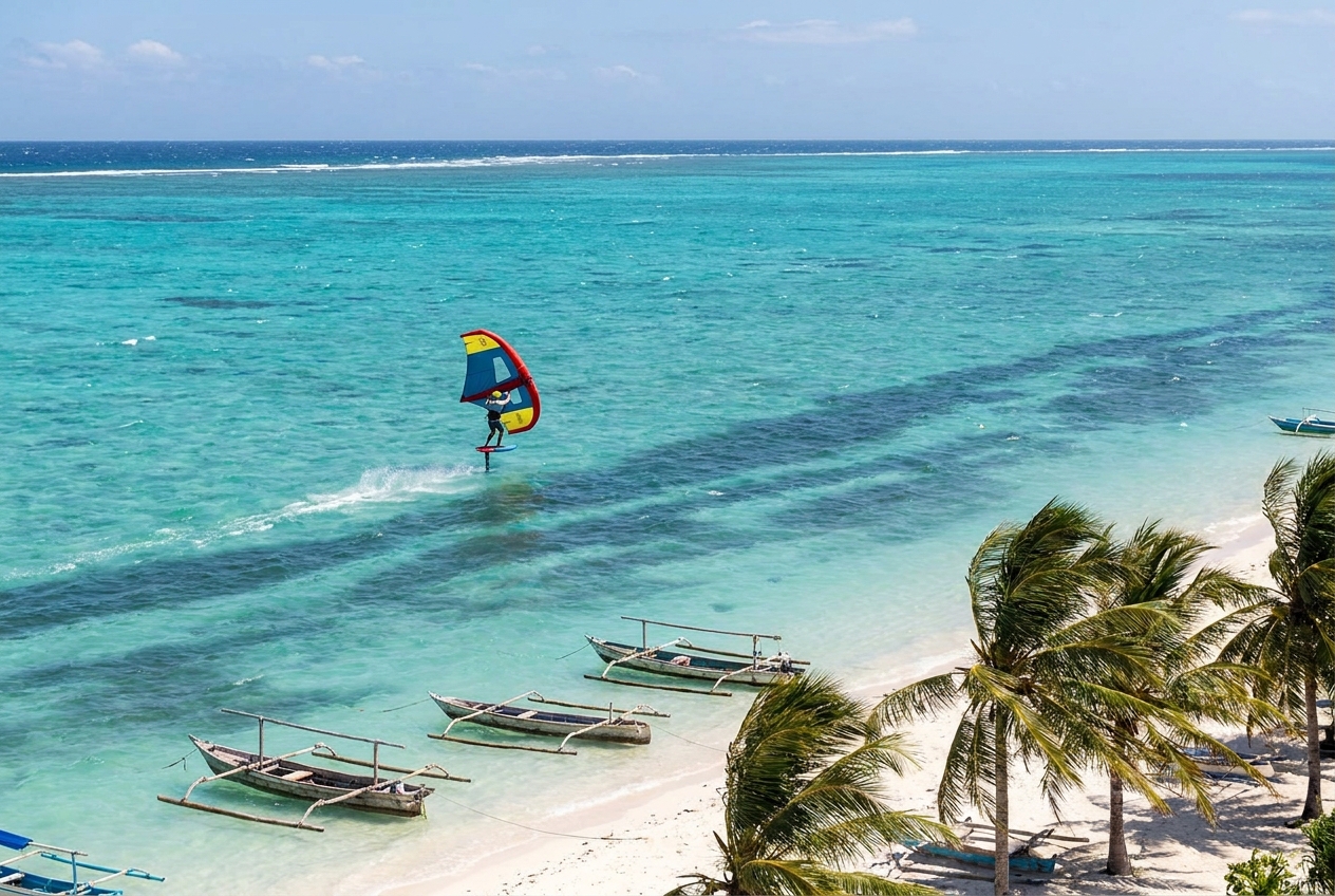 Wing foiler crossing a wind-streaked turquoise lagoon in Indonesia with outrigger boats and palms bent by the trade wind