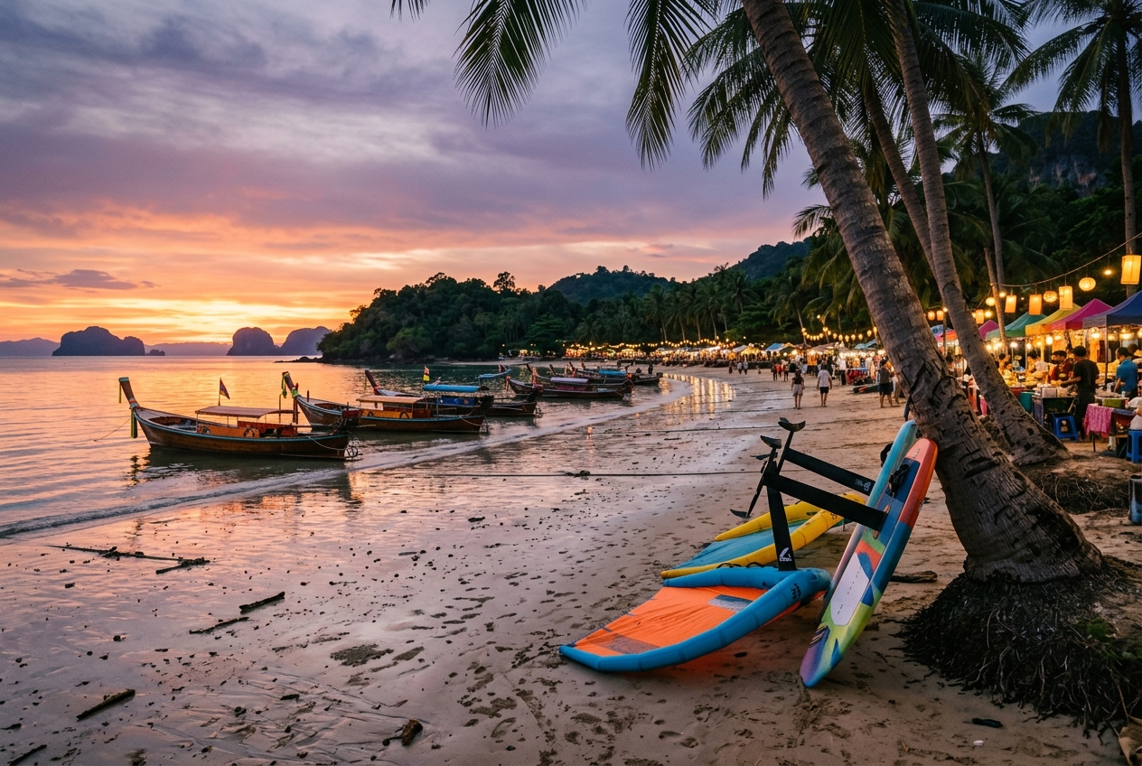 Longtail boats and wing foil boards on a Southeast Asian beach at sunset beside a night market