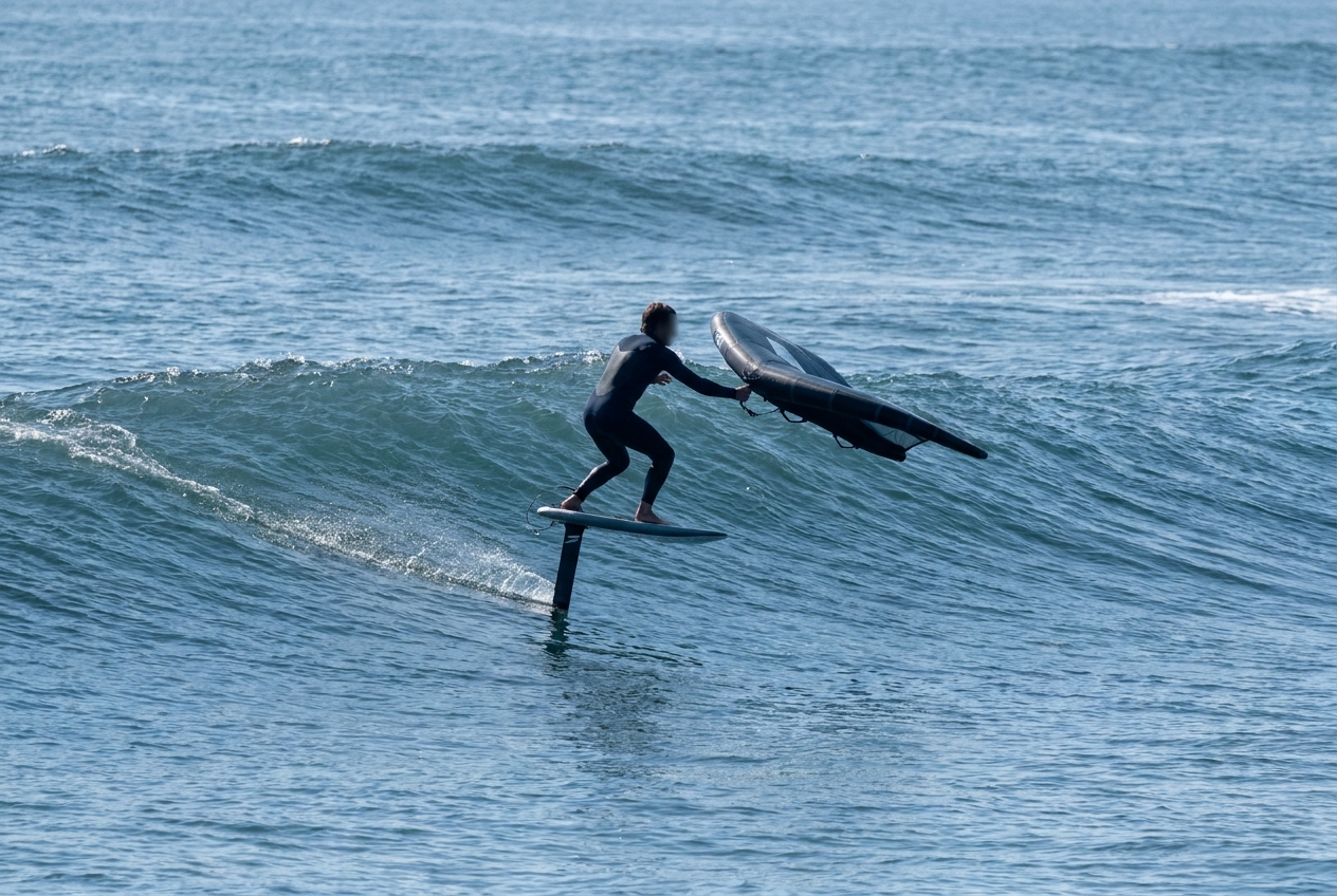 Wing foiler angling across the sloping face of a wind swell bump on a hydrofoil board, wing held depowered to the side