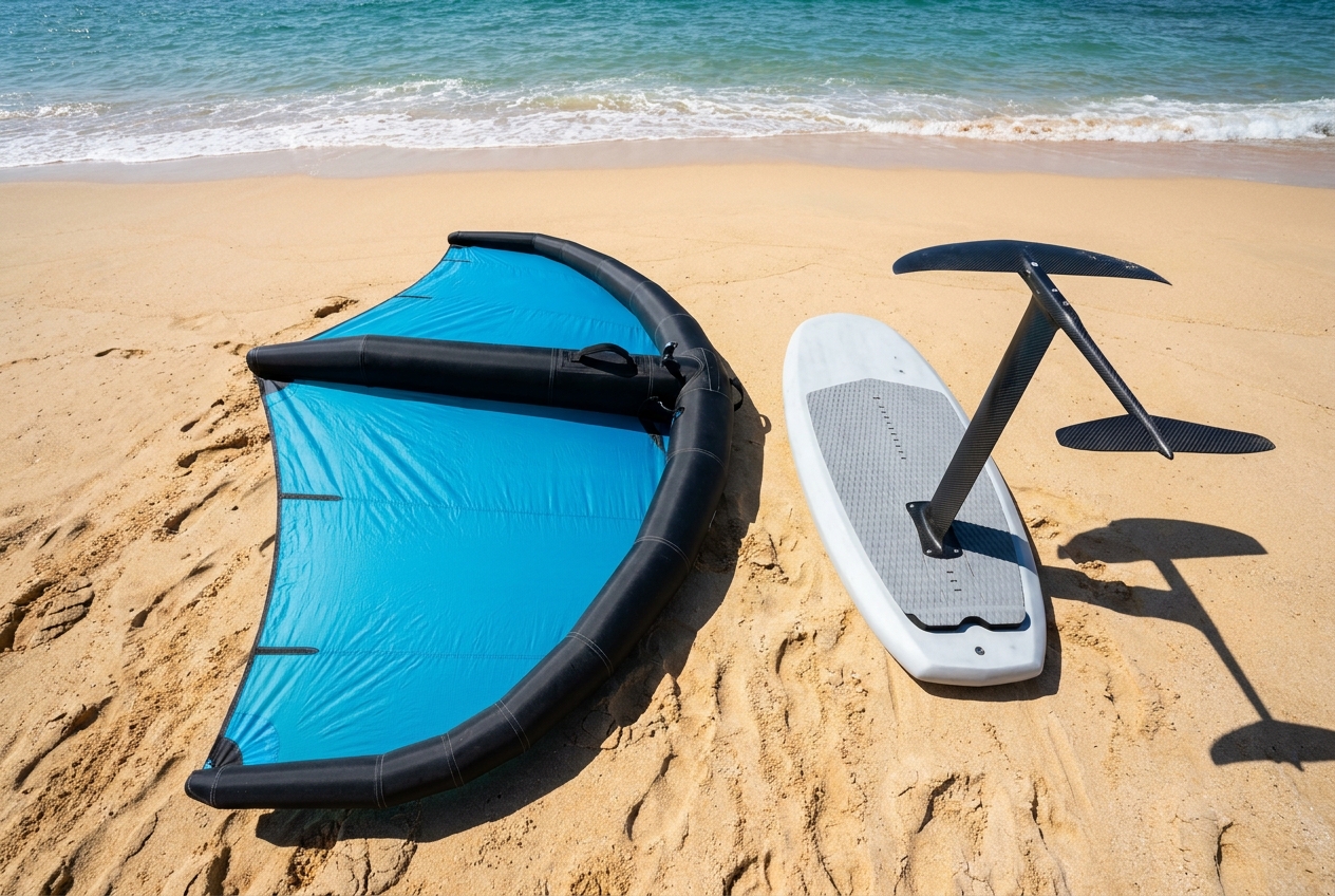 Complete wing foiling setup cost overview: inflatable wing, foil board and carbon hydrofoil laid out side by side on a beach