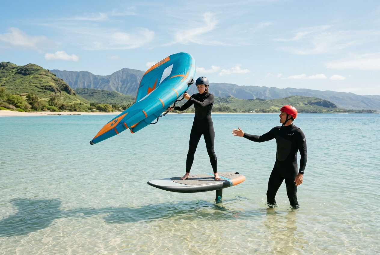 Instructor coaching a beginner wing foiler on a board in shallow water during a wing foiling lesson