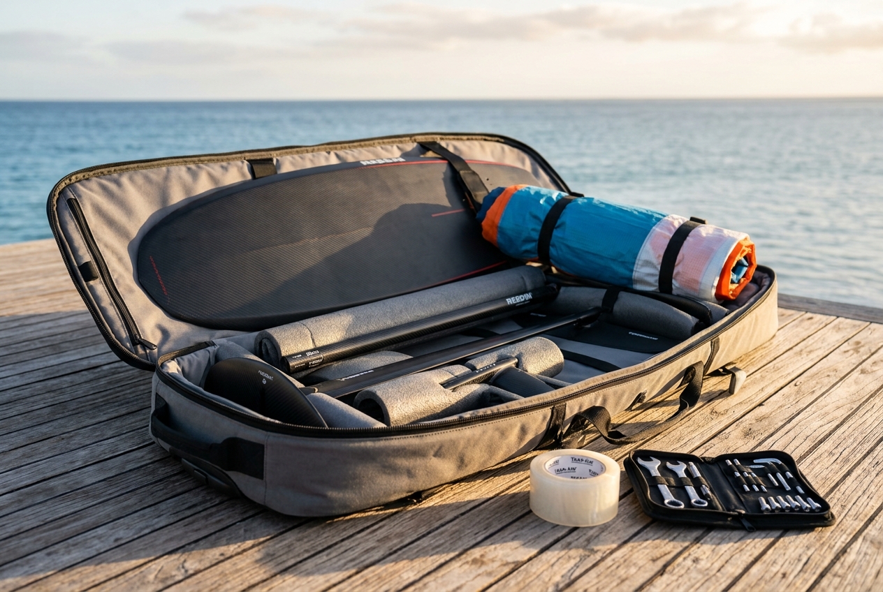 Wing foil travel bag packed with board, disassembled foil, rolled wing, repair tape and tool kit, a hidden cost of wing foiling