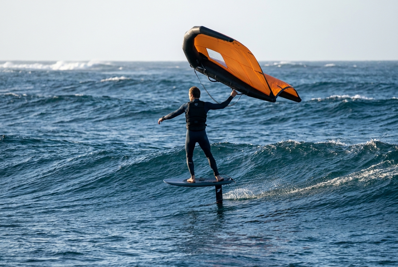 Wing foiler riding a downwinder on open ocean wind swell, wing sheeted out overhead as the foil board drops down the face of a bump