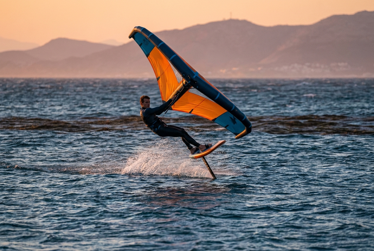 Wing foiler flying on a hydrofoil in light wind over wind-rippled water, conditions too light for a windsurfer to plane