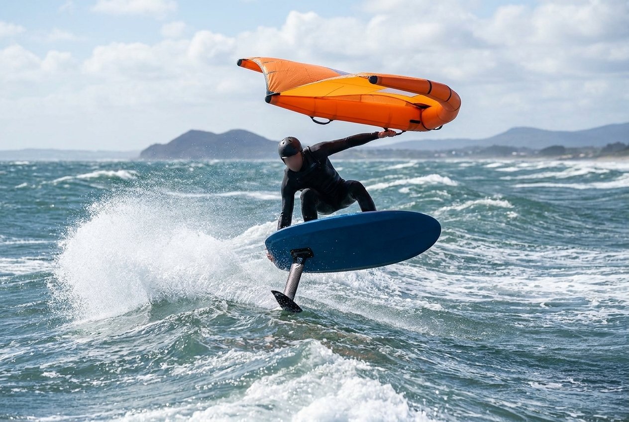 Wing foiler in the backwind phase of a carving 360, wing floated neutral overhead while the board carves back into the wind