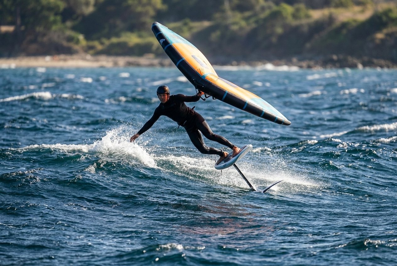 Wing foiler carving a wide turn away from the wind on foil at the start of a 360, wing powered and spray off the rail