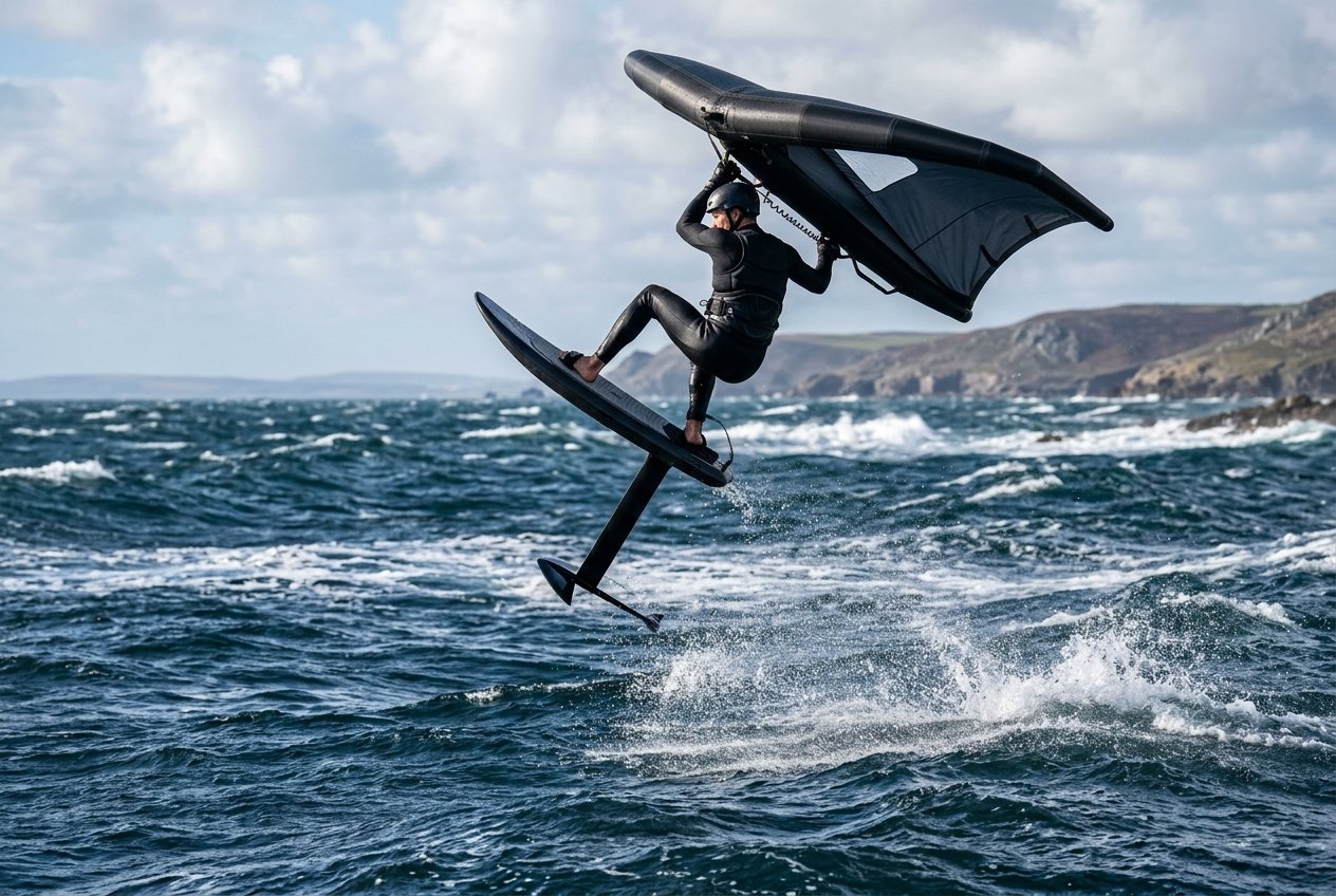 Wing foiler airborne mid air 360, board and foil clear of the choppy water with hips turned into the spin