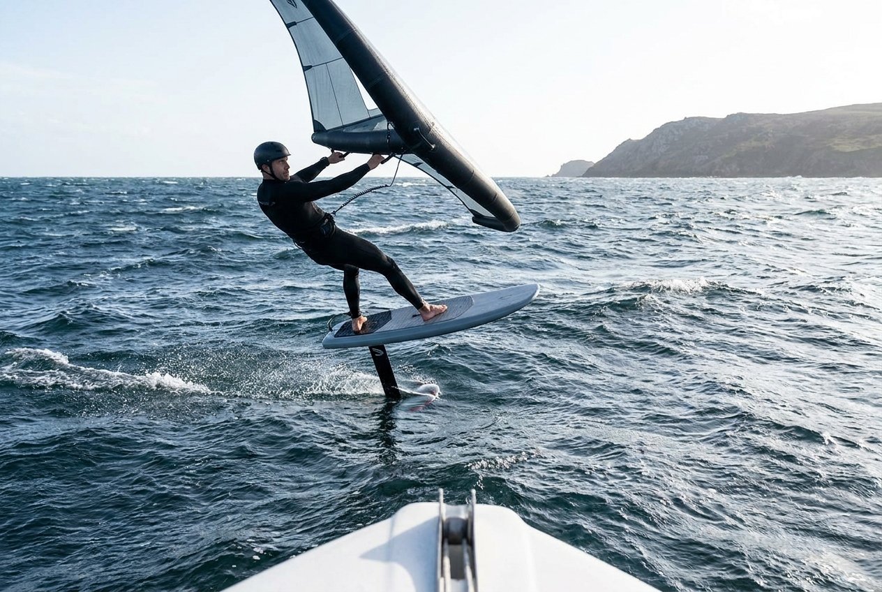 Wing foiler riding upwind on a hydrofoil board, leaning back against a powered wing in choppy, wind-rippled sea