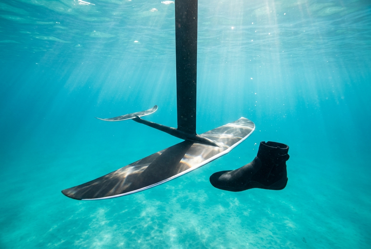 Underwater view of a wing foil hydrofoil showing the thin sharp front wing and mast edges that cause most foil cuts, with a black neoprene boot floating beside the wing for scale
