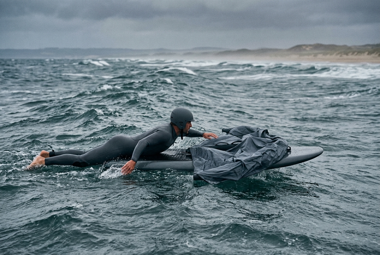 Exhausted wing foiler lying prone on a foil board paddling back to shore through choppy water, deflated wing folded flat on the deck