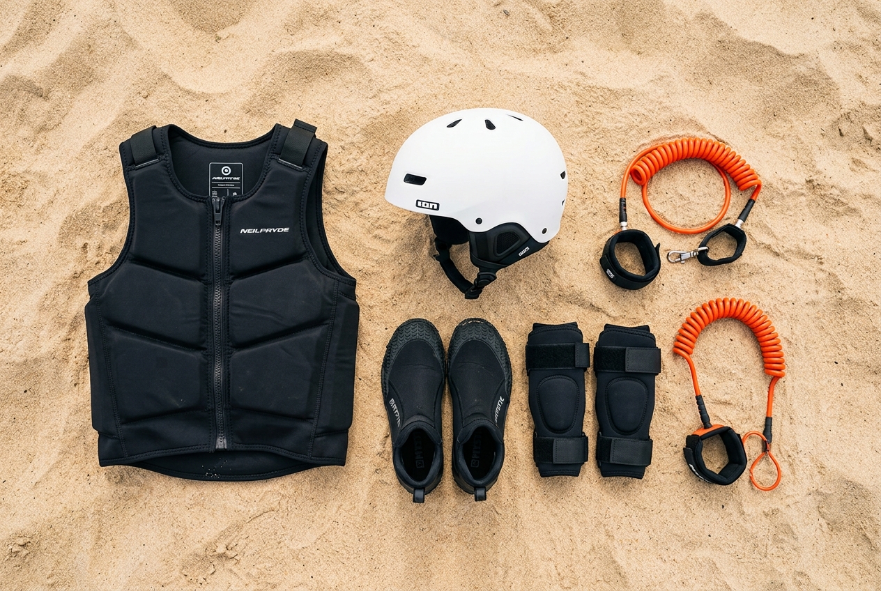 Overhead flat lay of wing foiling safety gear on sand: helmet, impact vest, neoprene boots, shin guards, wing leash and board leash