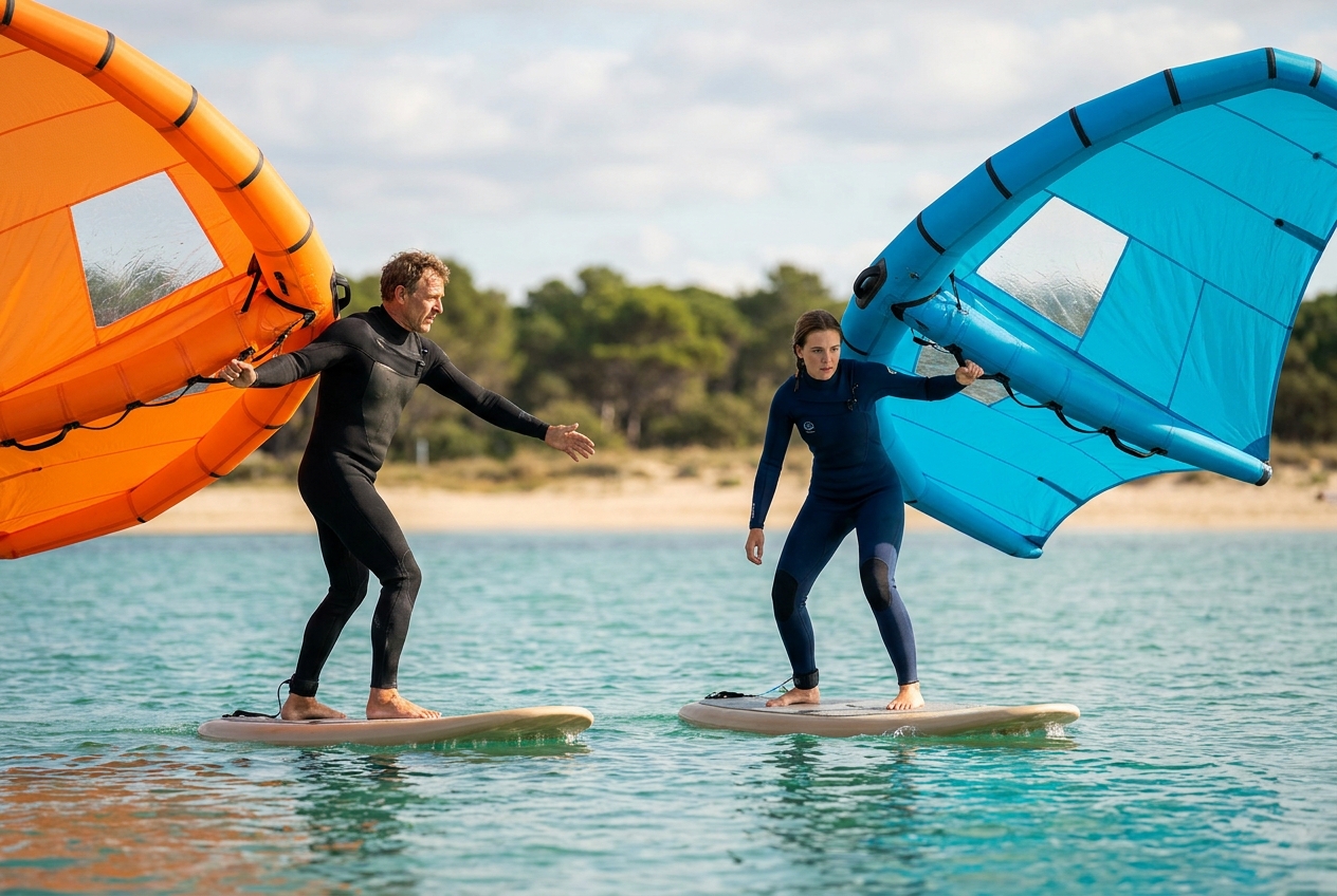 Wing foiling instructor correcting a beginner stance and body position on the water during a lesson