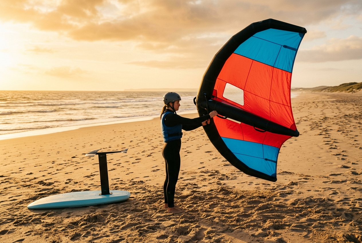 Beginner practising wing handling alone on the beach between coached wing foiling sessions
