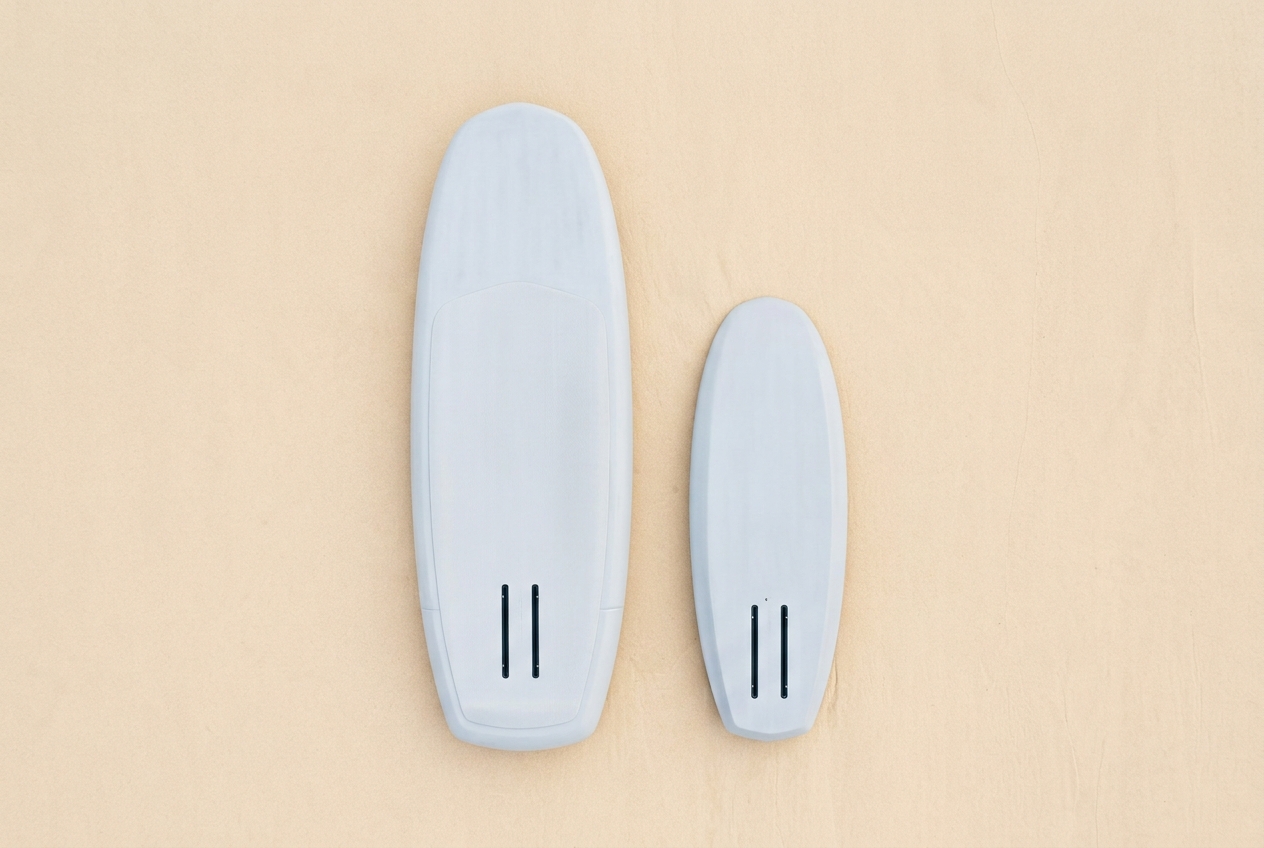 Oversized beginner wing foil board side by side with a smaller advanced board