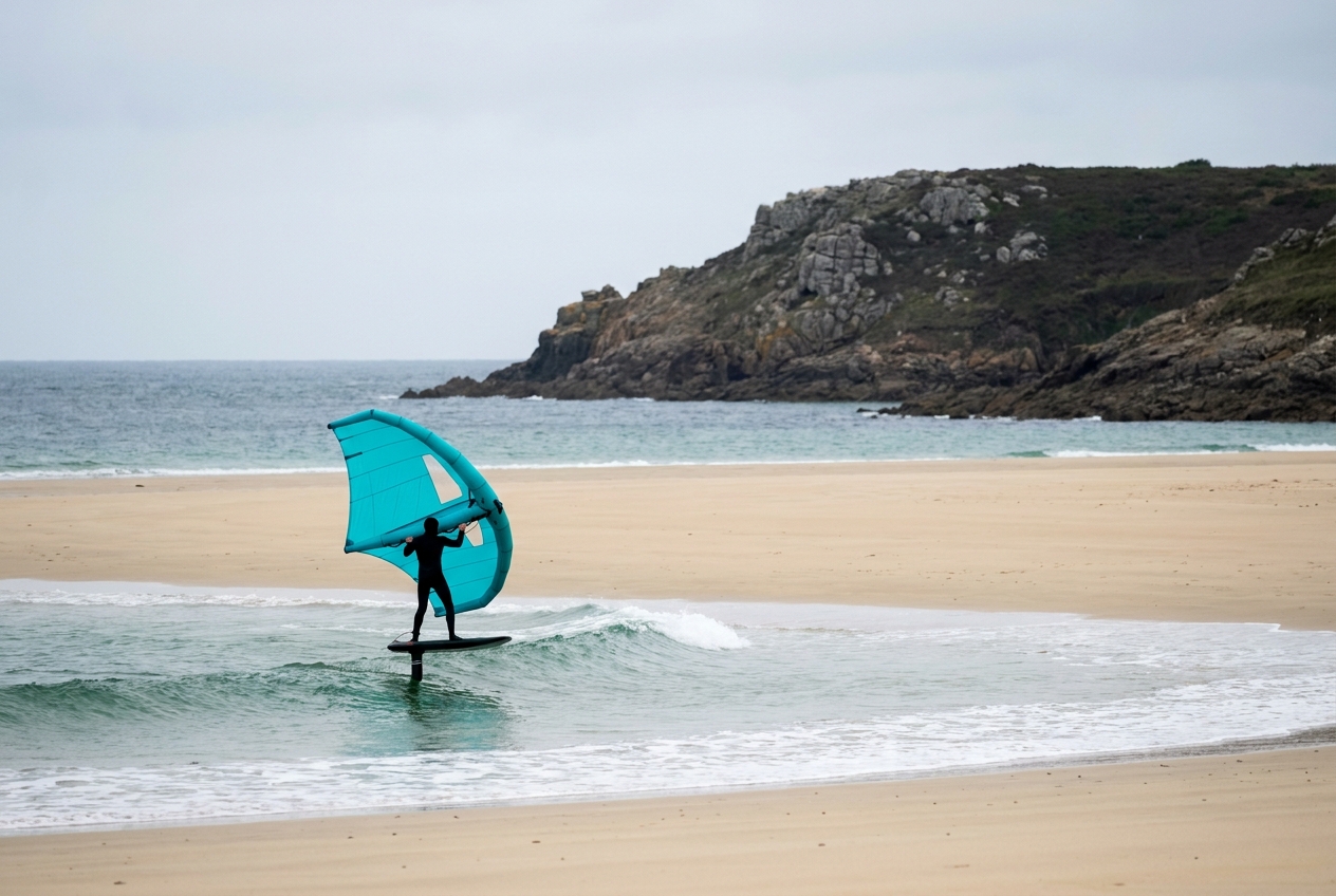 Illustration of a wing foiler surfing a small Atlantic wave at Fort Bloqué beach in Lorient, Brittany
