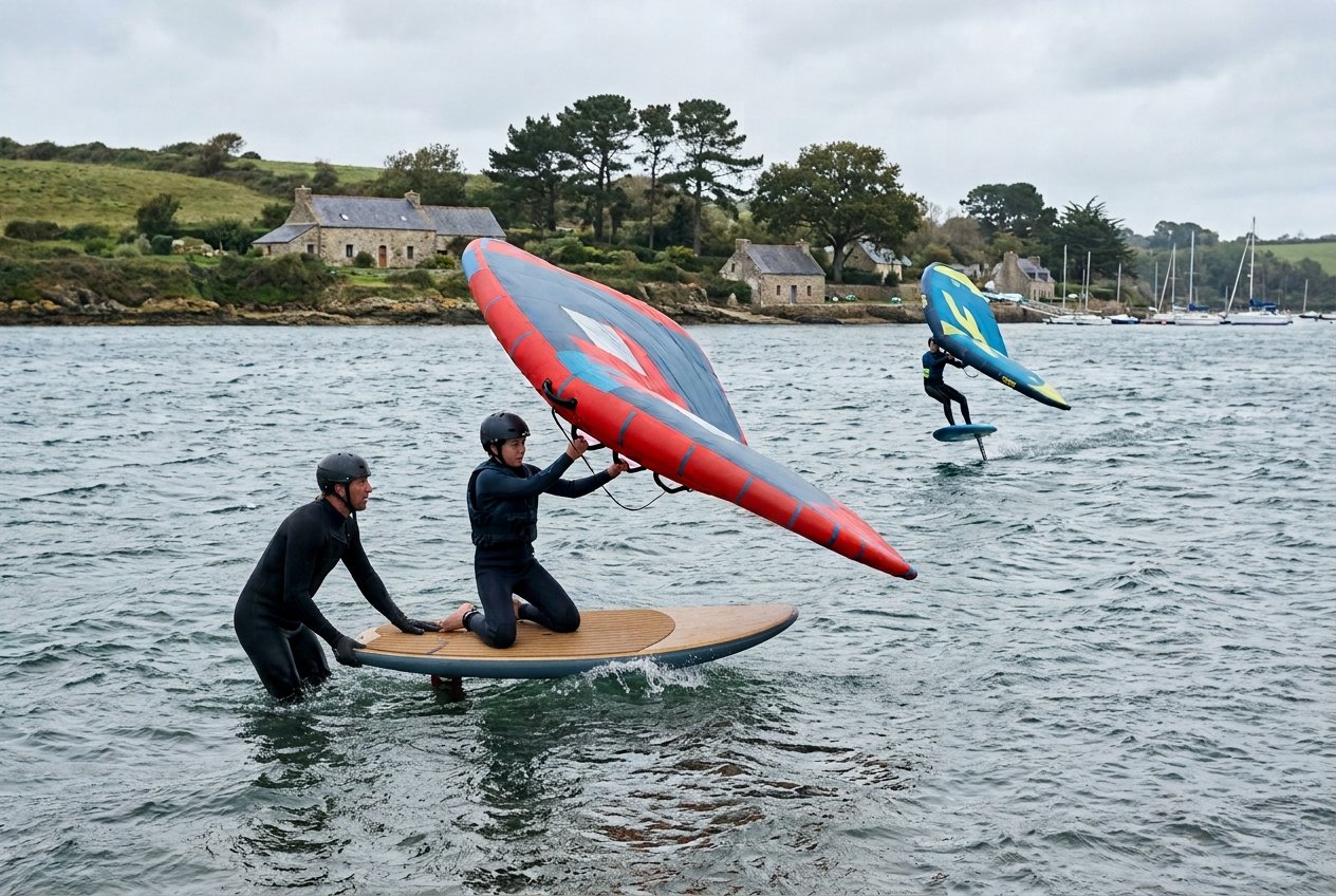 Illustration of a small wing foil lesson on a sheltered south Brittany inlet, wind ripples across the water